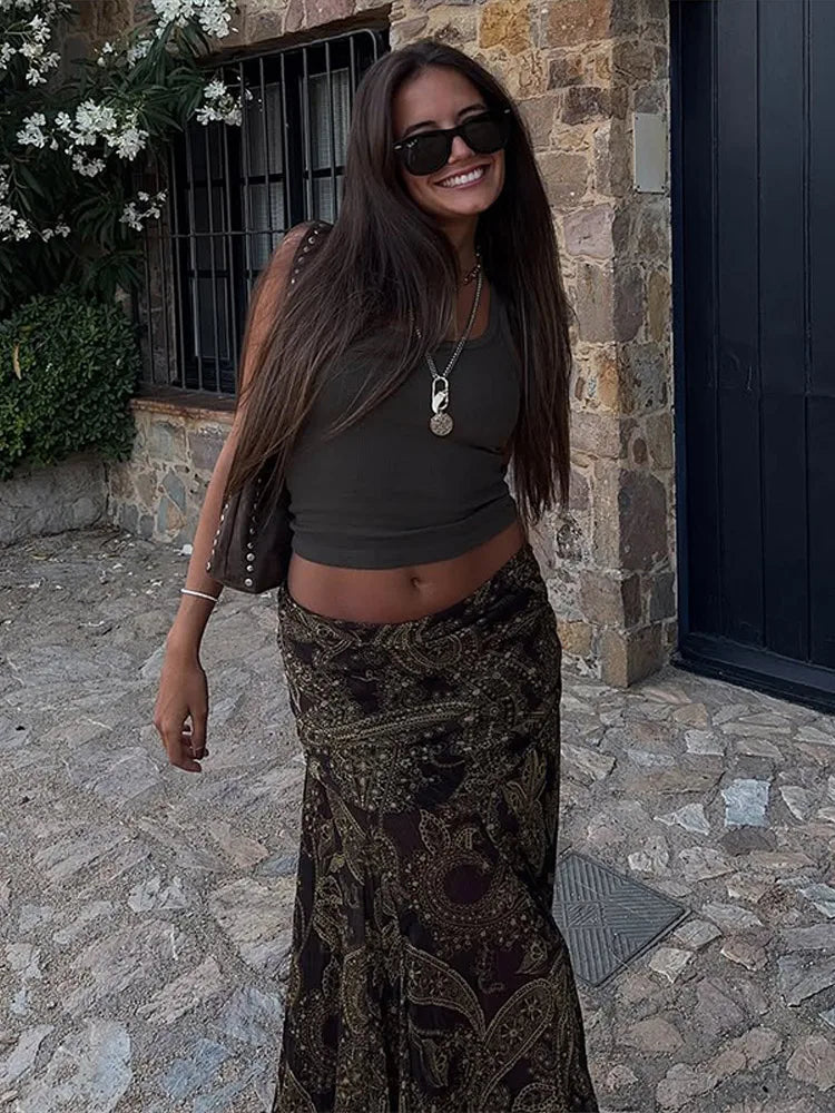 Fashion Print Long Skirt Women High Waist Ankle-length Loose Swing Skirt 2025 Summer Fashion Female Vacation Streewear Outerwear
