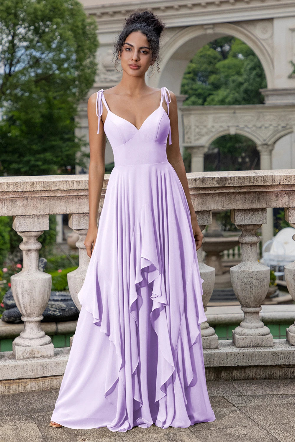 Mint Green Chiffon A-line Bridesmaid Dresses V-neck Bow Spaghetti Straps Layered Ruffle Evening Gown Elegant Wedding Party Dress