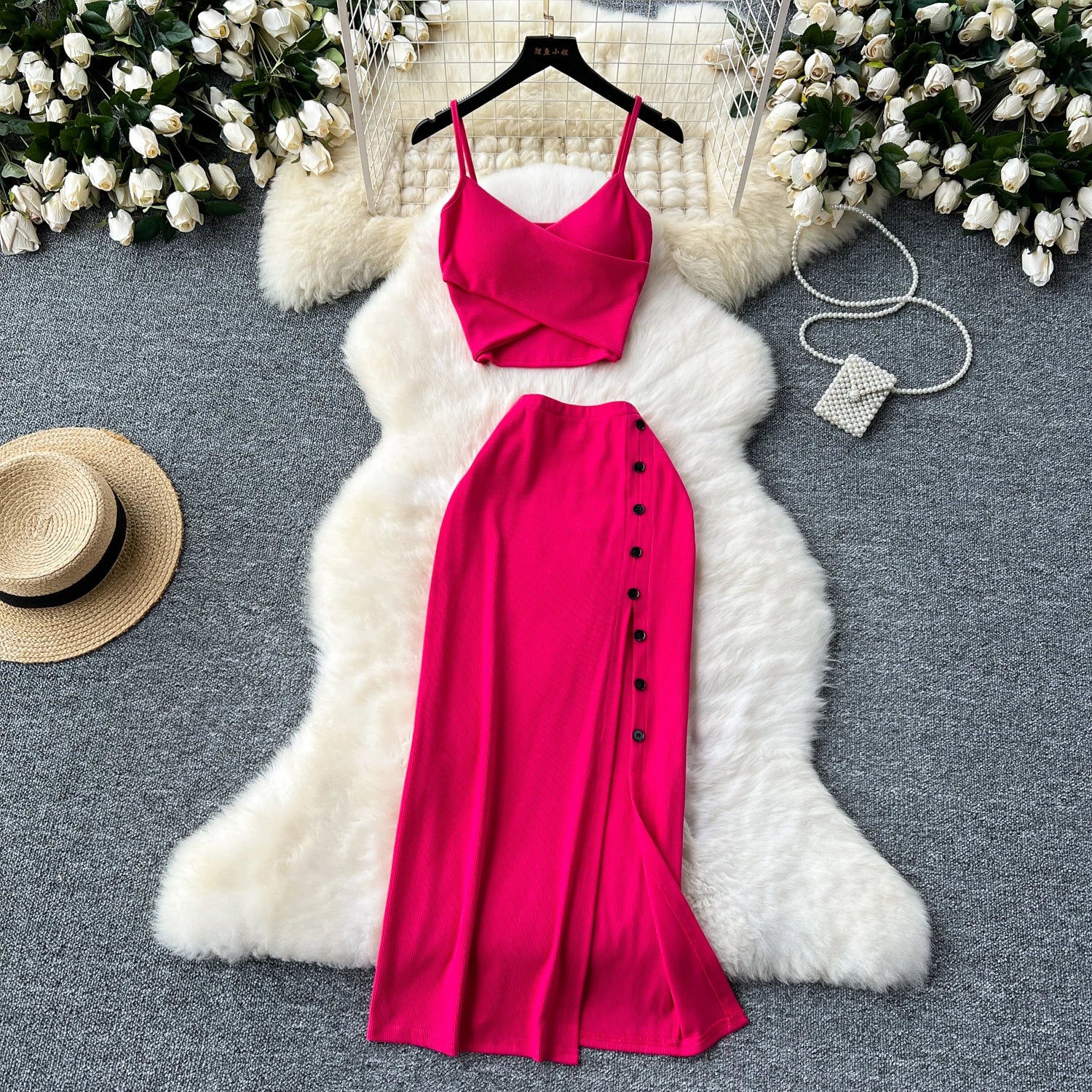 Foamlina Summer Sexy 2 Pieces Set for Women Solid V Neck Sleeveless Crop Camis Top and High Elastic Waist Split Long Skirt Suits