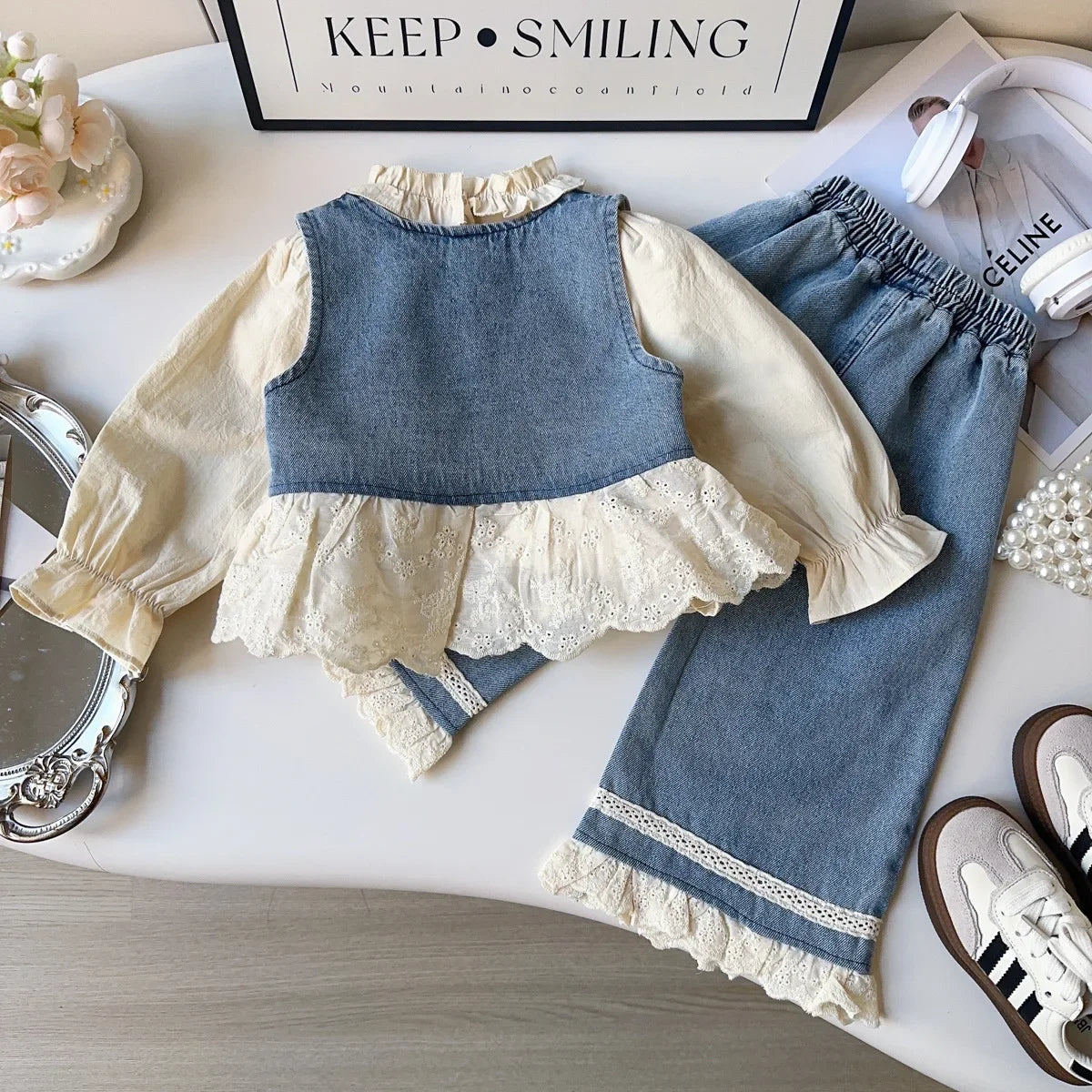 Baby Girls Sets Fashion Spliced Lace Sleeveless Denim Vest and Long Pants Cotton Shirts 2025 Spring New Style Kids 3 Piece Sets