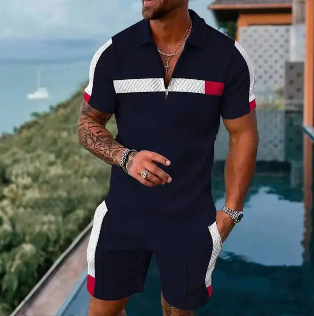 2026 Summer Men Matching Set Short Sleeve Polo Shirt Shorts Breathable Vacation Sports 2 Piece Outfits Men's Short Suit Set