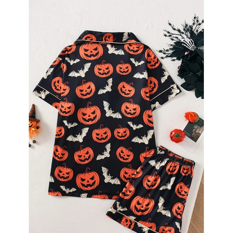 Women's Halloween Pumpkin Print Pajama Set Short Sleeve Button Up Top and Shorts Casual Sleepwear Loungewear Homewear Set