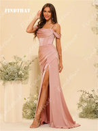 Findthat Off Shoulder Spaghetti Straps Satin Bridesmaid Dresses Elegant Zipper Back Evening Gown Wedding Guests Dress Customized