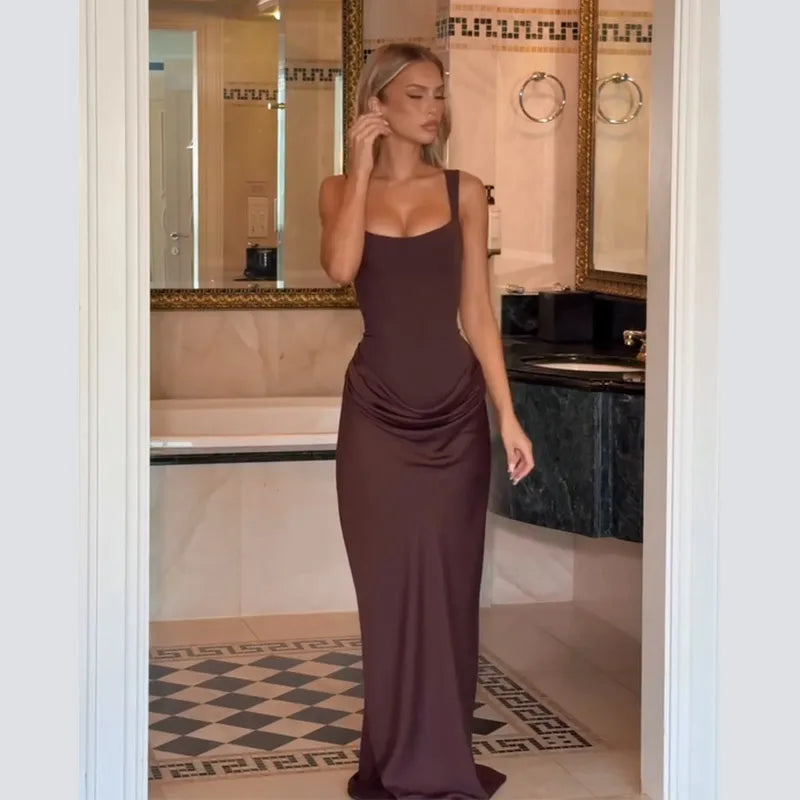 Fashion Solid Strapless Backless Pleated Dress Women Sleeveless Waist Slimming Long Gown Spring Lady Evening Party Robe 2026 New