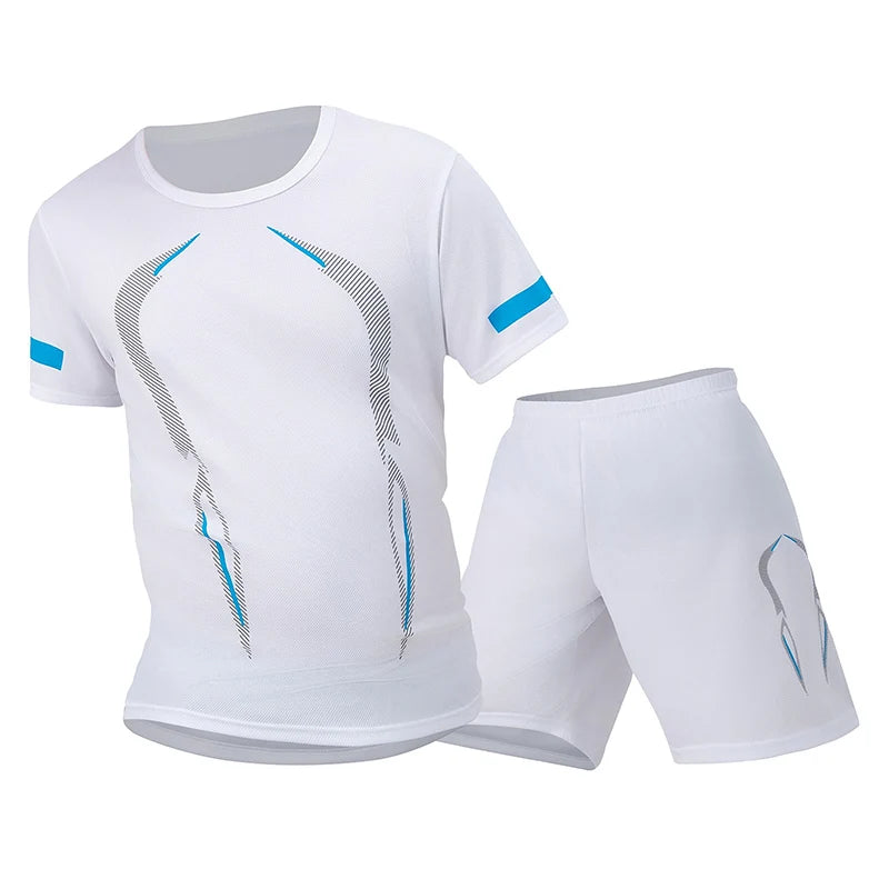 2-Piece Four Seasons Men's Short Sleeve Set Printed Quick Drying T-shirt for Youth Sports Fitness Running Comfortable and Casual