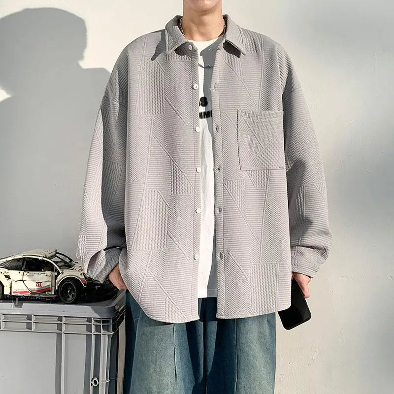 Men's plus Size Casual Long Sleeve Shirt Single Breasted Solid Color Loose Fit Button down Top Jacquard Fabric Fall Fashion M-XX