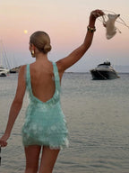Fashion Sequin Mini Dress Women Sexy O-neck Sleeveless Backless Waist-cinching Slim Dresses 2026 Summer Lady Vacation Robe