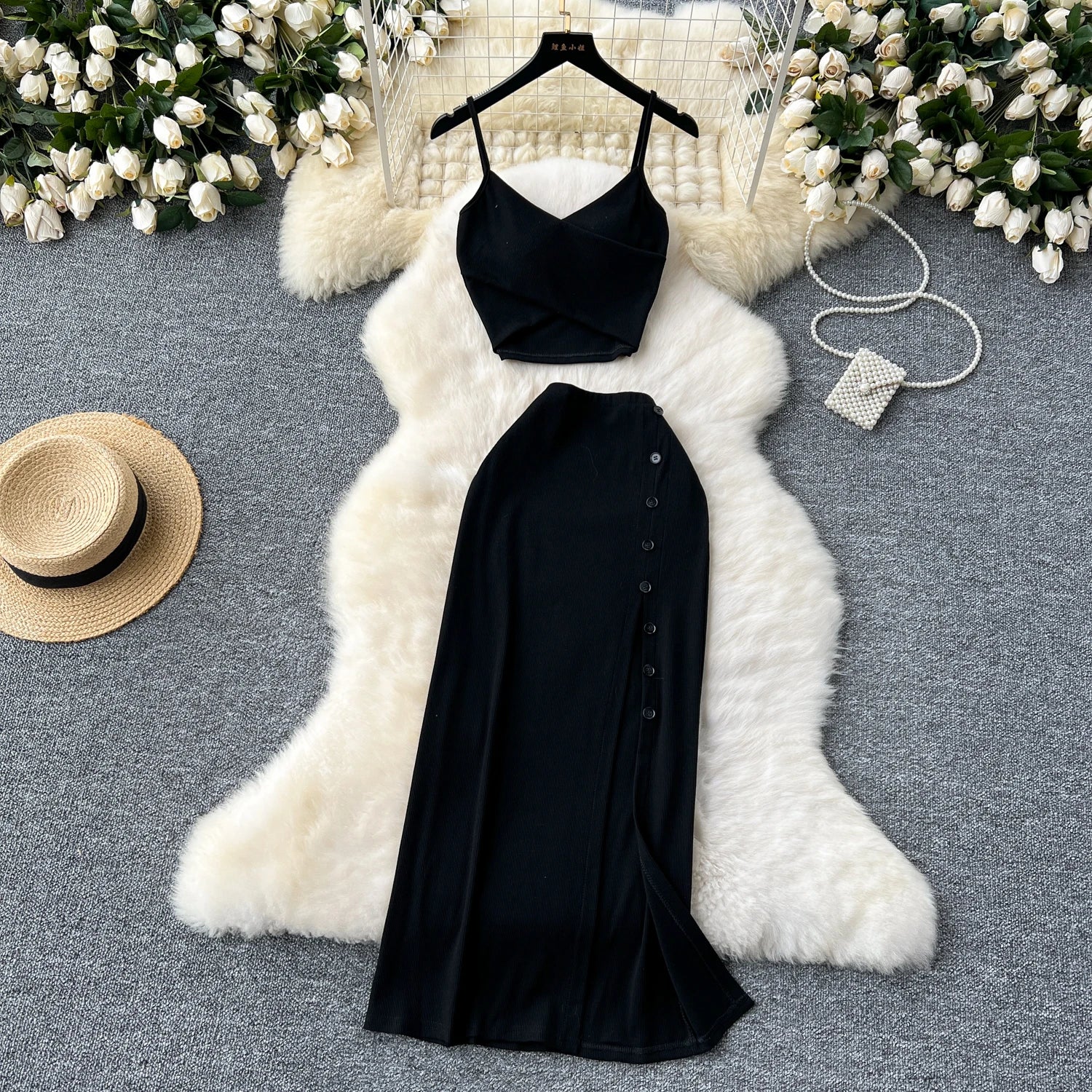 Foamlina Summer Sexy 2 Pieces Set for Women Solid V Neck Sleeveless Crop Camis Top and High Elastic Waist Split Long Skirt Suits
