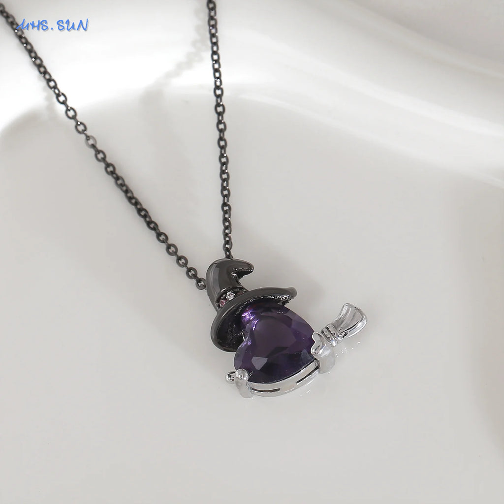 MHS.SUN Gothic Black Witch Hat Broom Pendant Necklace for Women Vintage Purple Zircon Heart Halloween Jewelry Festival Gifts
