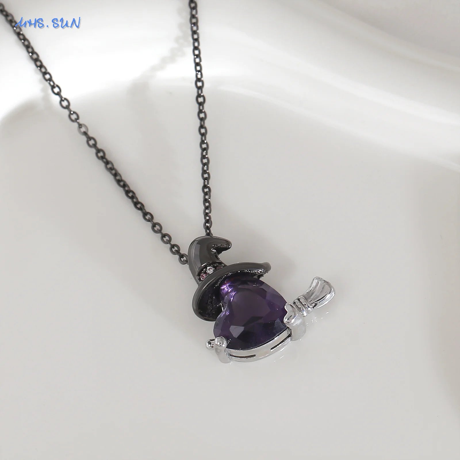 MHS.SUN Gothic Black Witch Hat Broom Pendant Necklace for Women Vintage Purple Zircon Heart Halloween Jewelry Festival Gifts