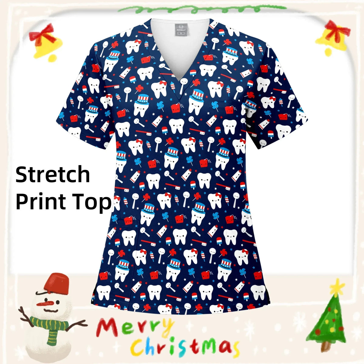 Christmas Print Surgery Top Women with Pocket V-Neck Scrub Uniform Spa Caring T-Shirt Pet Grooming Surgical Nurse Scrubs Uniform