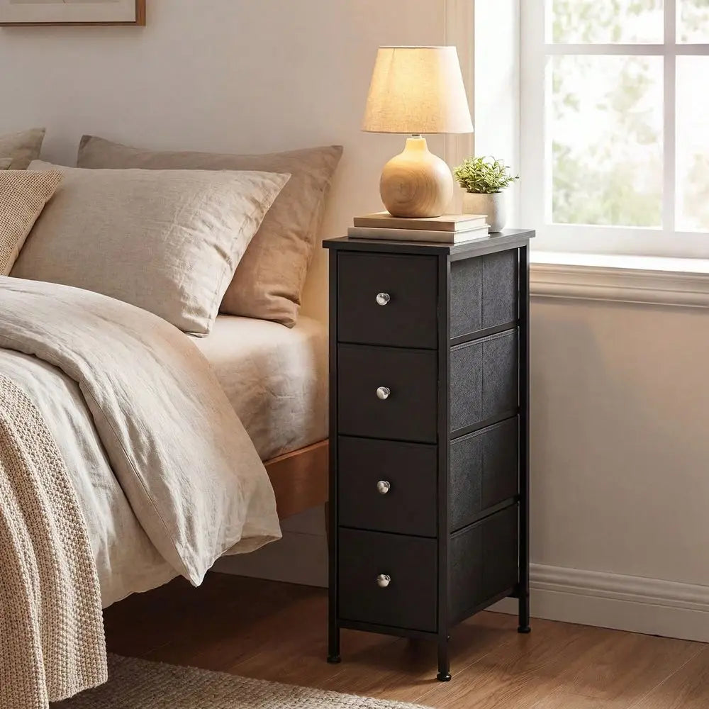 SpaceSaving Narrow Dresser Tower With 4 5 Drawers, Black Storage Chest With Sturdy Steel Frame Wood Tabletop, Versatile Organiz
