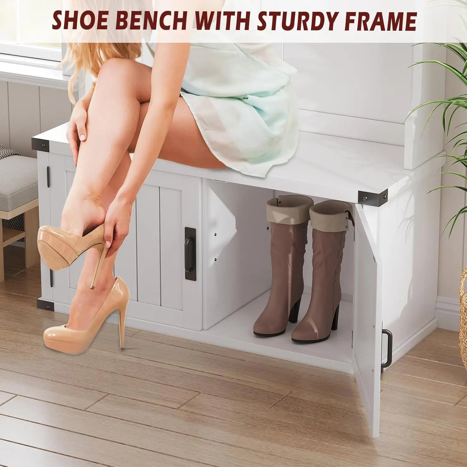 76" Hall Tree with Bench and Shoe Storage, Farmhouse 4-in-1 Entryway with Coat Rack & 5 Tri-Hooks, Adjustable Shelf, White Mudro