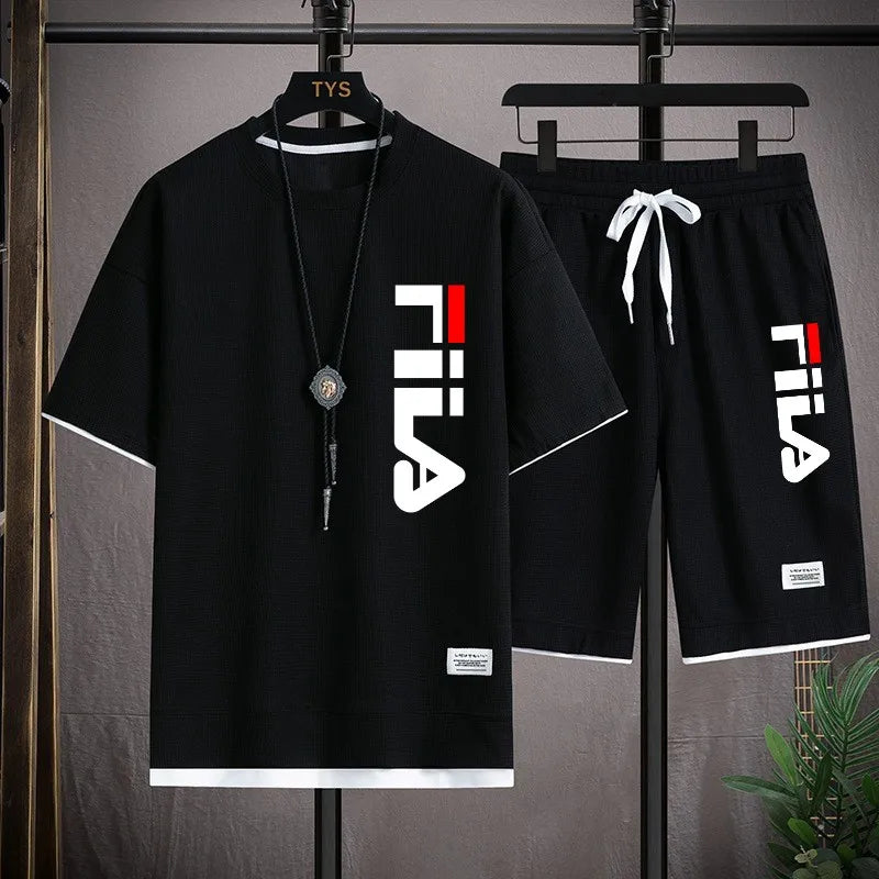2026 Summer Men's Sports Set Casual T-shirt+Shorts Set Waffle Fashion Short Sleeve Shorts Two sets of Sports Set Loose Set