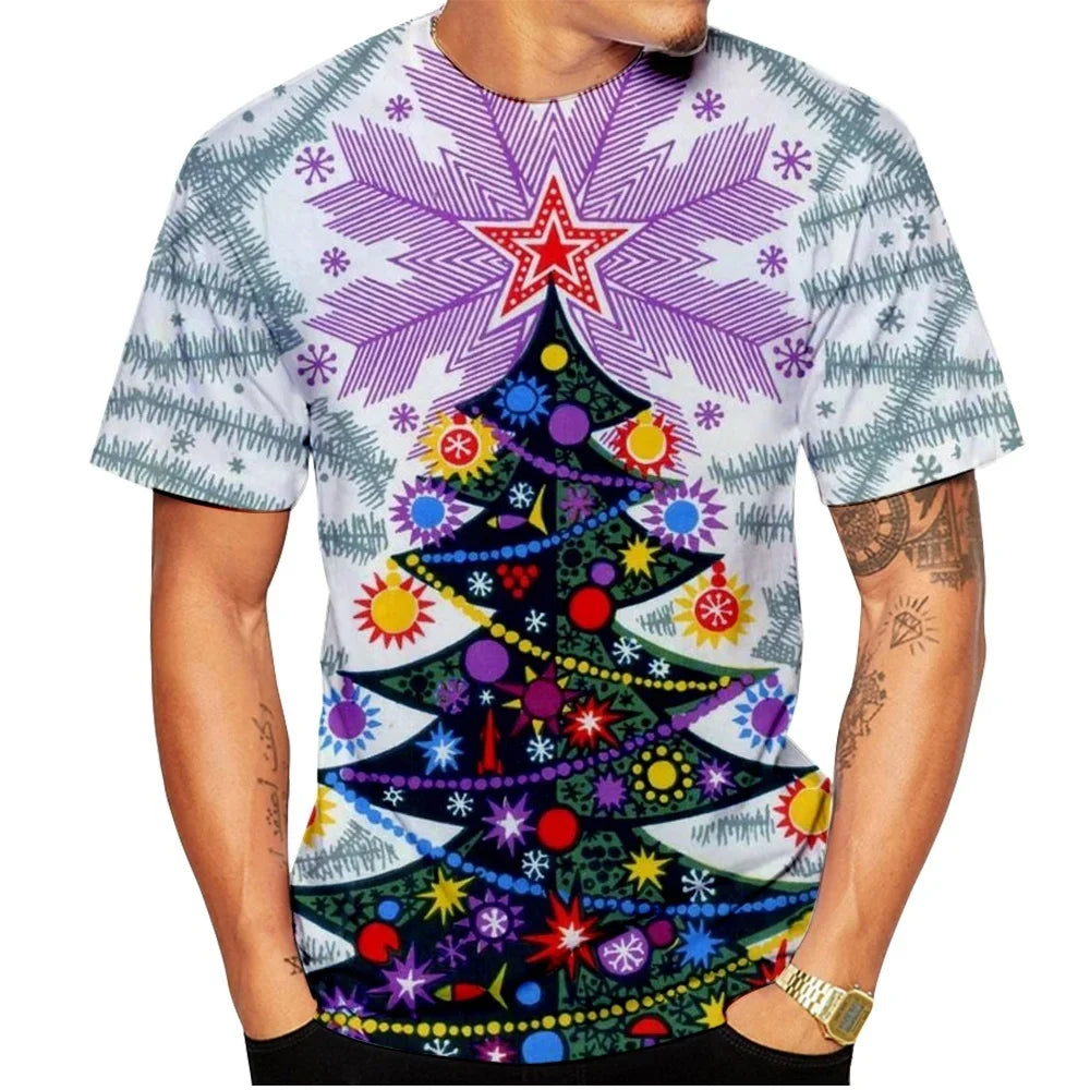 2026 Fashion Men's Merry Christmas T-Shirt Blue Xmas Tree Snowflake Graphic Crew Neck Short Sleeve Holiday Party Casual Tee Tops