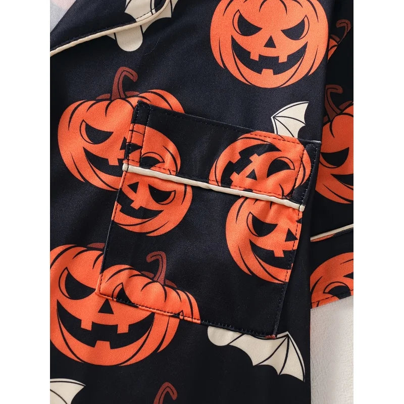 Women's Halloween Pumpkin Print Pajama Set Short Sleeve Button Up Top and Shorts Casual Sleepwear Loungewear Homewear Set
