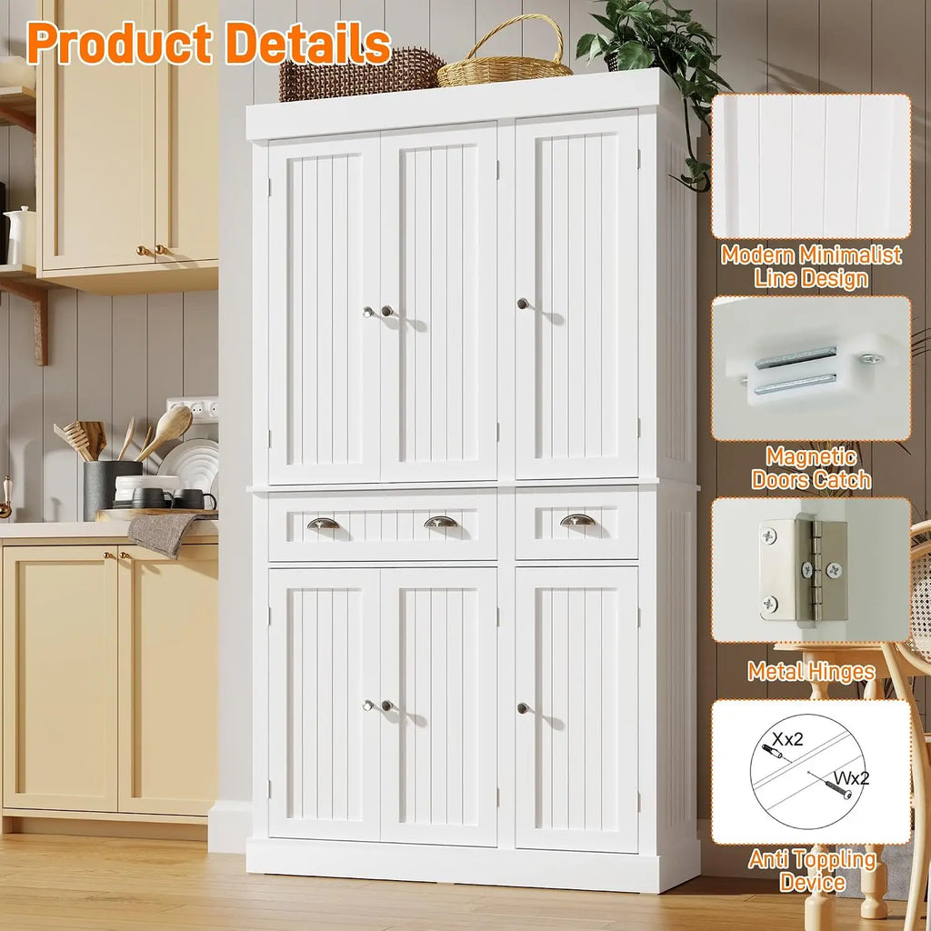 71in Kitchen Pantry Cabinet Doors & Adjustable Shelves, Freestanding Storage 2 Drawers for Dining Living Hallway, Customized