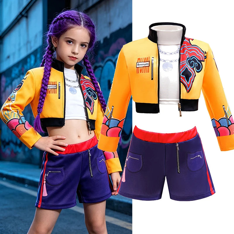 Kids Girls Street‑Style Fancy Cosplay Kit 3D Printed Cropped Jacket Shorts for Halloween Birthday Theme Party Role‑Play Outfit