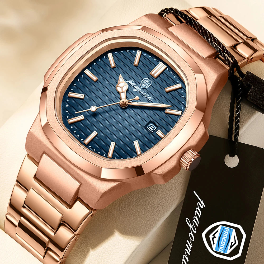 Business Men's Rose Gold Blue Striped Dial Watch Stainless Steel Strap Calendar Waterproof Quartz Sports Watch Birthday Gift