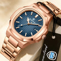 Business Men's Rose Gold Blue Striped Dial Watch Stainless Steel Strap Calendar Waterproof Quartz Sports Watch Birthday Gift