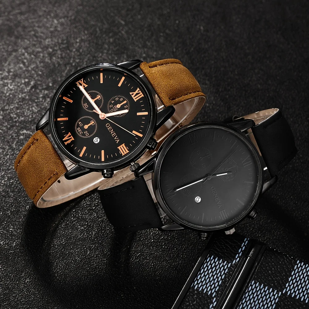 2pcs and 1pcs luxury men's leather strap quartz watch set is the perfect gift for school graduation ceremonies or any occasion