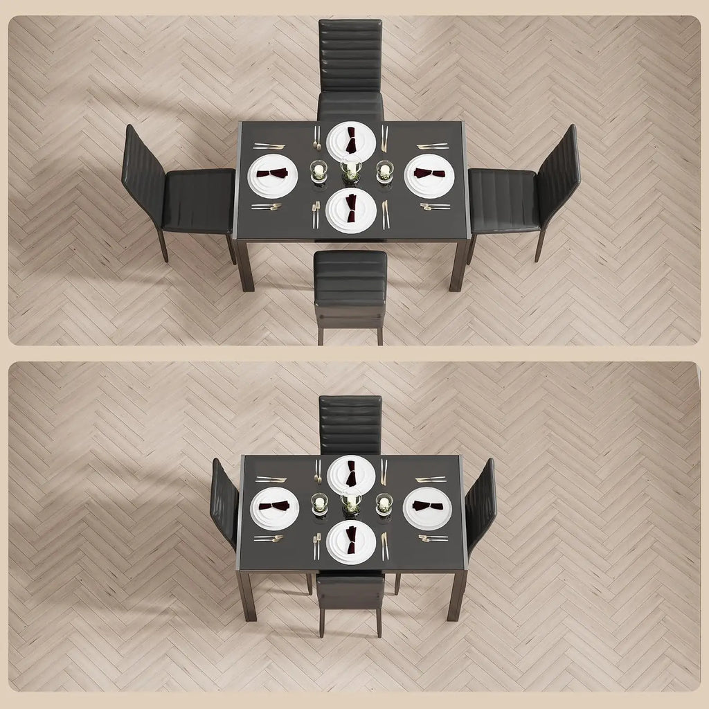 Modern 5 Piece Dining Table Set with Tempered Glass Top and 4 Chairs for Kitchen Living Room Black