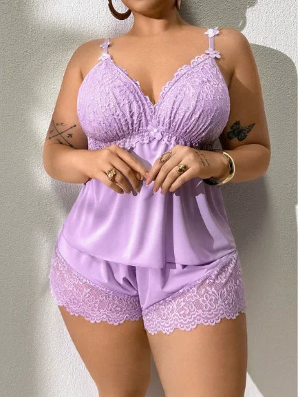 Plus Size Lace Trim Satin Sleepwear Set Deep V Neck Strap Design Home Comfortable Cool Sensual Underwear Ensemble for plus Size