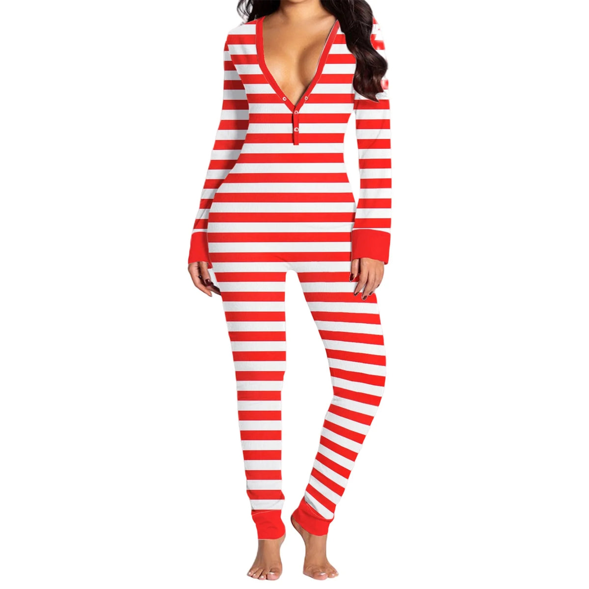 Women's Long Sleeve Christmas Jumpsuit Pajamas V Neck Christmas Themed Print Bodysuit Sleepwear with Drop Seat Butt Flap