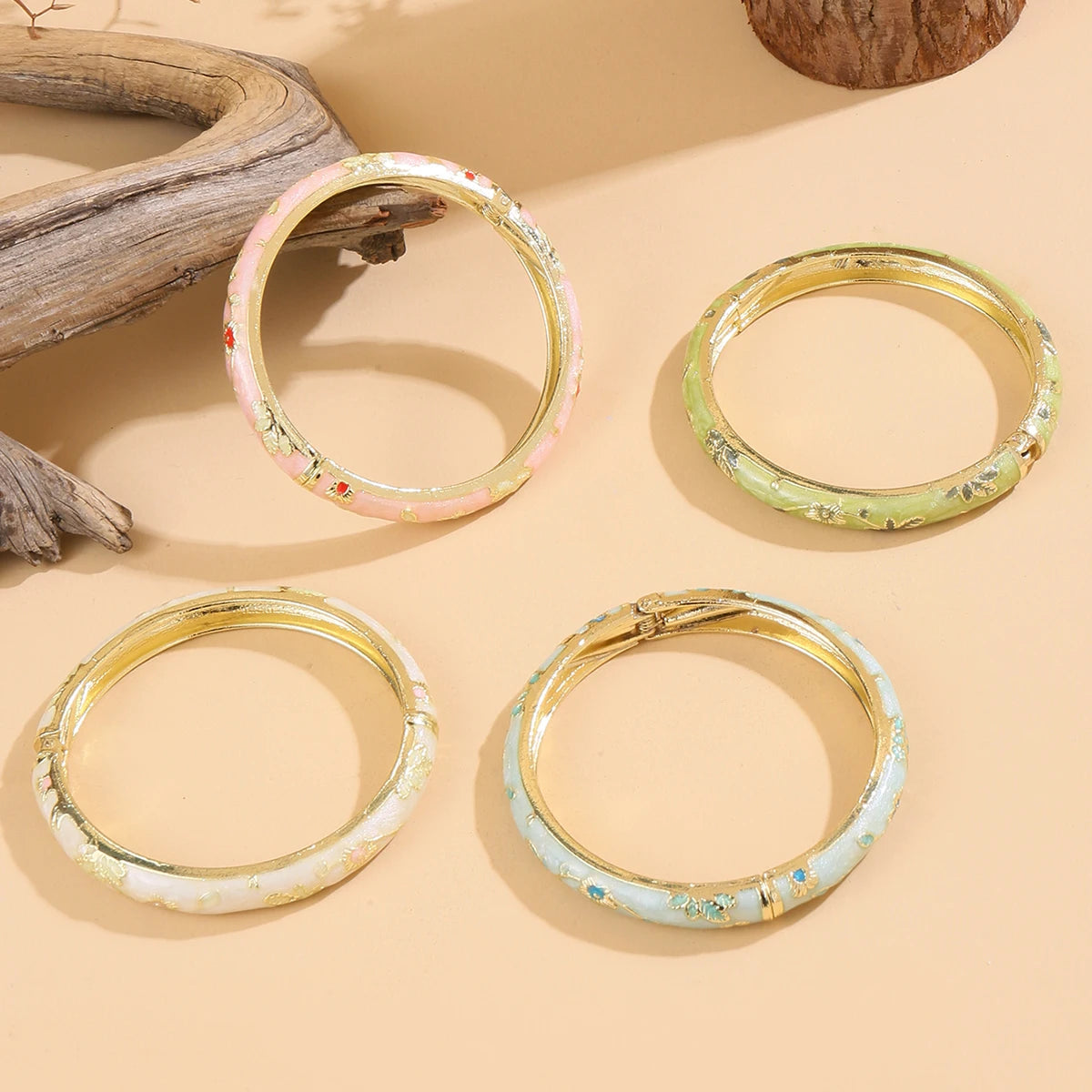 Jardme 4Pcs Set Bracelet For Women Vintage Small Flower Cloisonne Enamel Bangles Elegant Ethnic Style Women's Jewelry Set Gifts