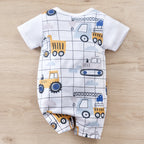 IURNXB Baby Romper Infant's Engineering Car Print Faux Two-piece Bodysuit Casual Short Sleeve Onesie Newborn Clothing 0-18M