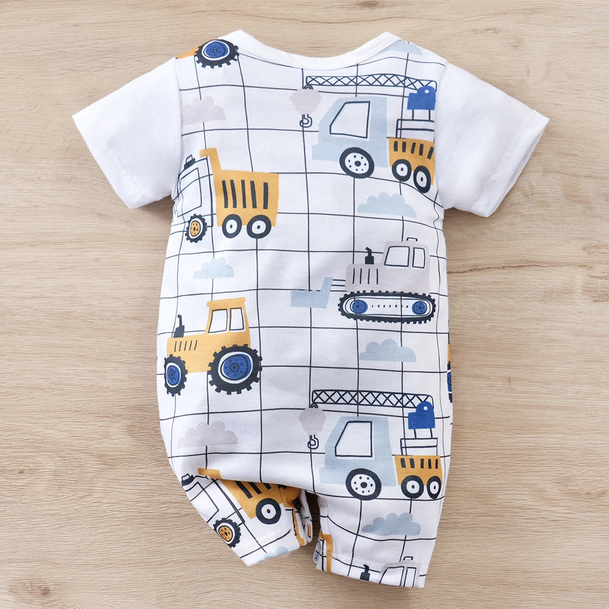 IURNXB Baby Romper Infant's Engineering Car Print Faux Two-piece Bodysuit Casual Short Sleeve Onesie Newborn Clothing 0-18M