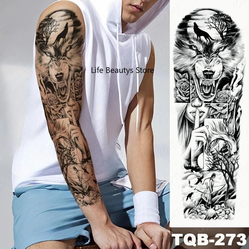 Large Full Arm Sleeve  Waterproof Temporary Tattoo Sticker Tribal Totem Skull Bird Wolf Tiger Fake Tatoo Body Art Men Women
