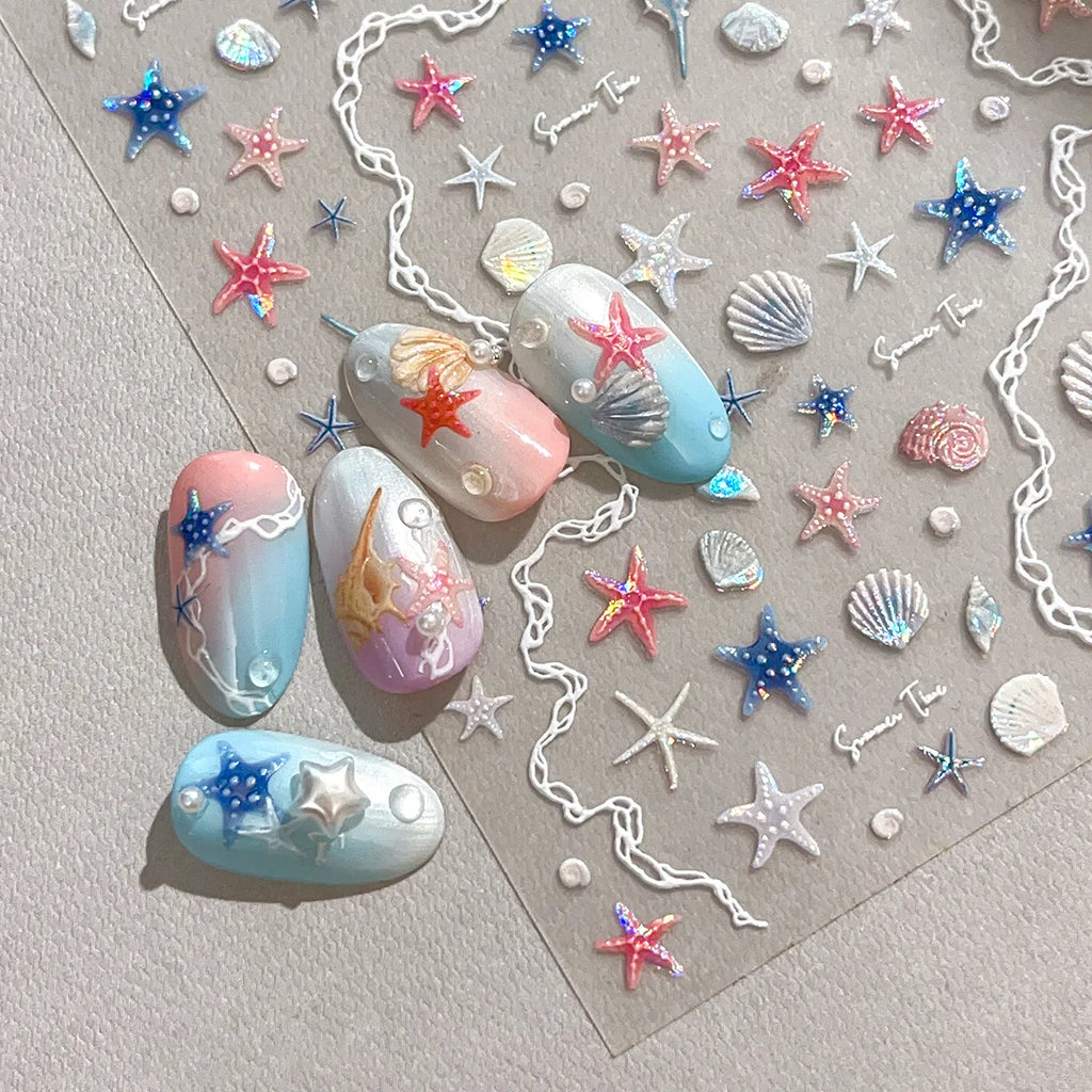 Shell Light Starfish Shell Nail Stickers Cute Starfish Decorative Stickers For Nails DIY 3D Self Adhesive Summer Manicure Decals
