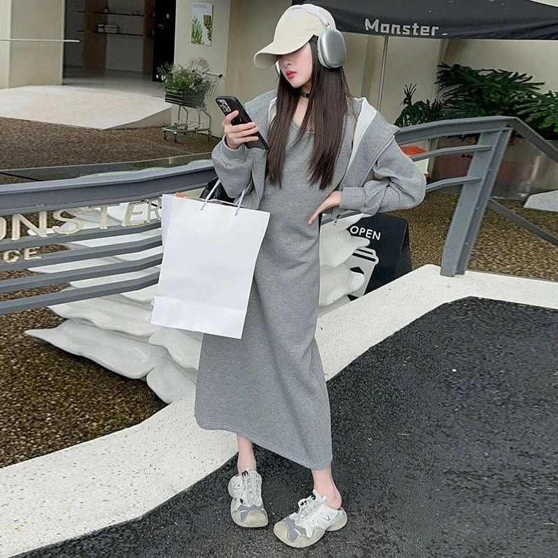 2025 Spring/Autumn Girls' Sporty Two-Piece Set - Short Hoodie Jacket & Long Spaghetti Strap Dress, Versatile for 4-12 Years Old