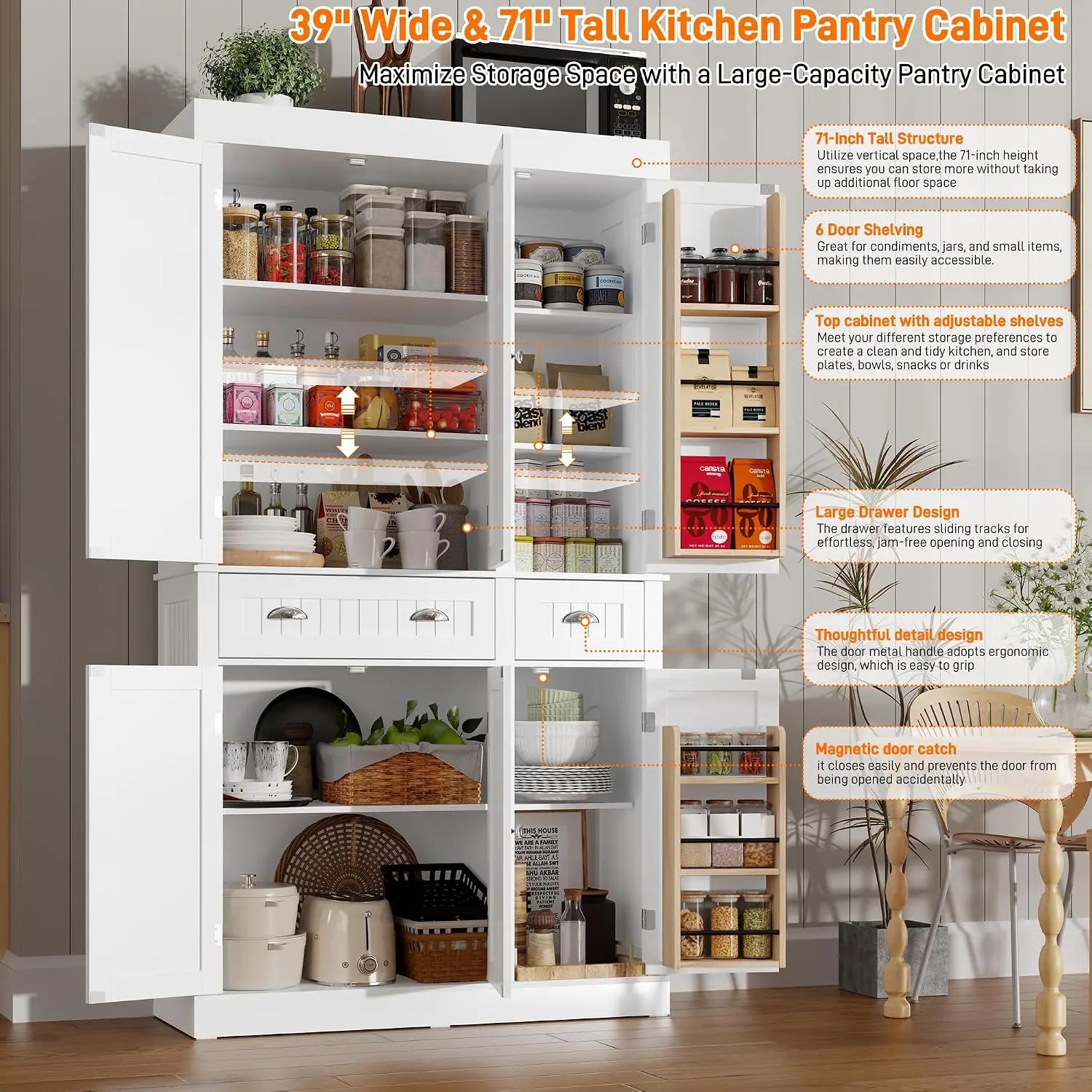 71in Kitchen Pantry Cabinet Doors & Adjustable Shelves, Freestanding Storage 2 Drawers for Dining Living Hallway, Customized