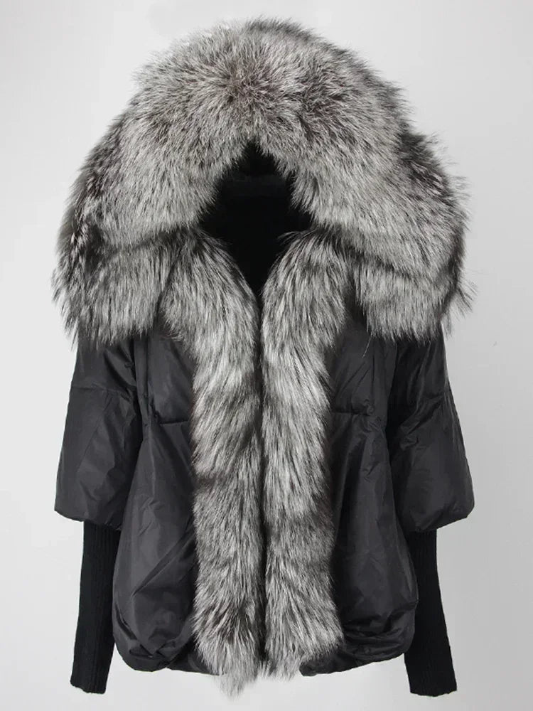 2024 Winter Puffer Jacket Women Real Fox Fur Collar Hooded Natural Thick Warm Loose Oversize Duck Down Coat Streetwear Outerwear