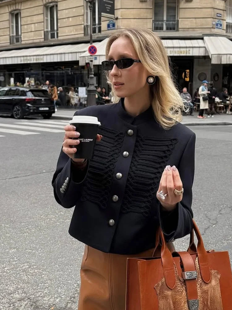 Retro Denim Military Jacket Women Vintage Solid Single Breasted Stand Collar Slim Short Coat 2026 Lady Daily Street Outerwear