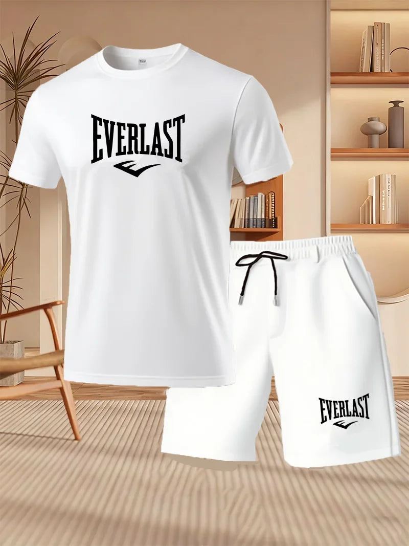 Men's Summer Running Breathable Sportswear, Short Sleeved T-shirt+printed Shorts Two-piece Set, Casual/fitness/home 2-piece Set