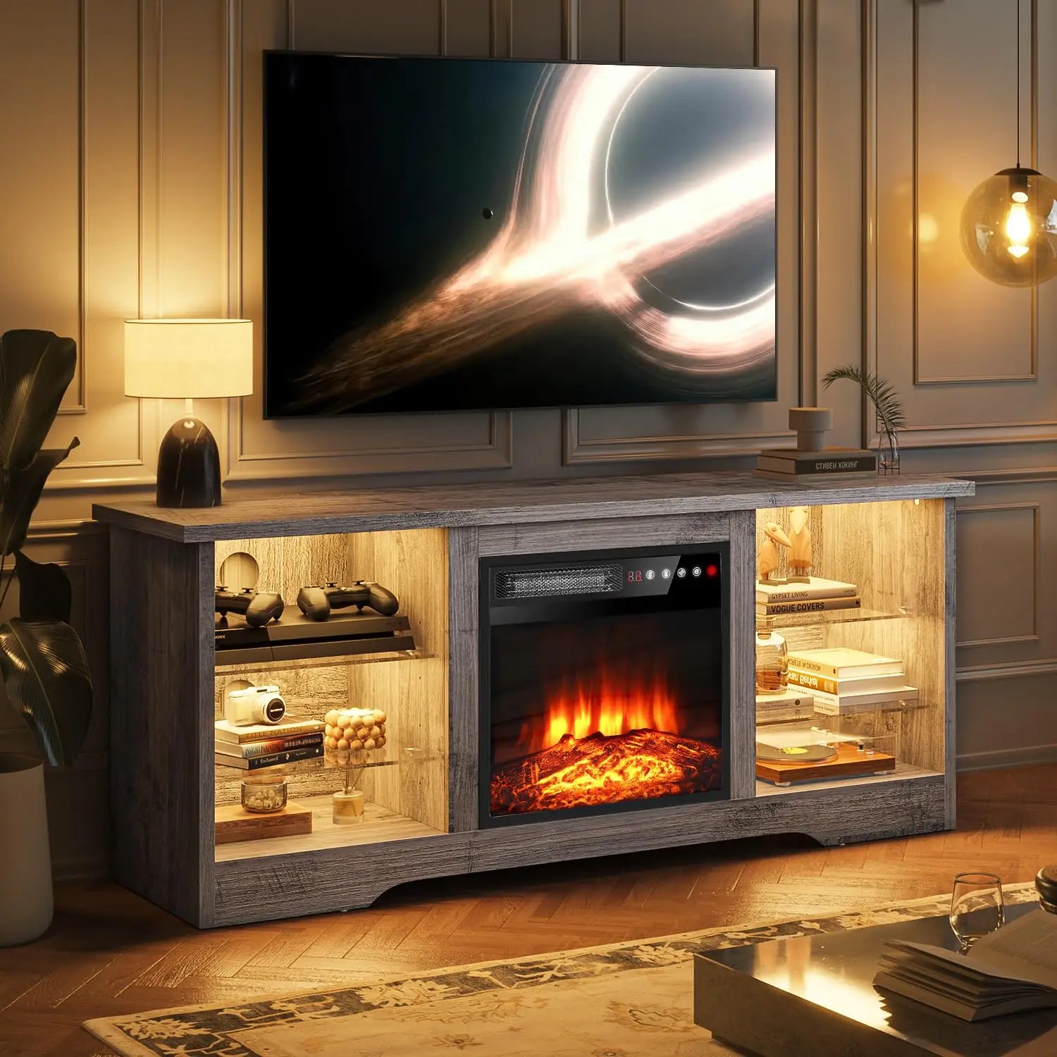 VITESSE Fireplace with TV Stand 36" inch Electric Fireplace Up to 80" TVs, LED Light Entertainment Center, 70" Modern Wood High