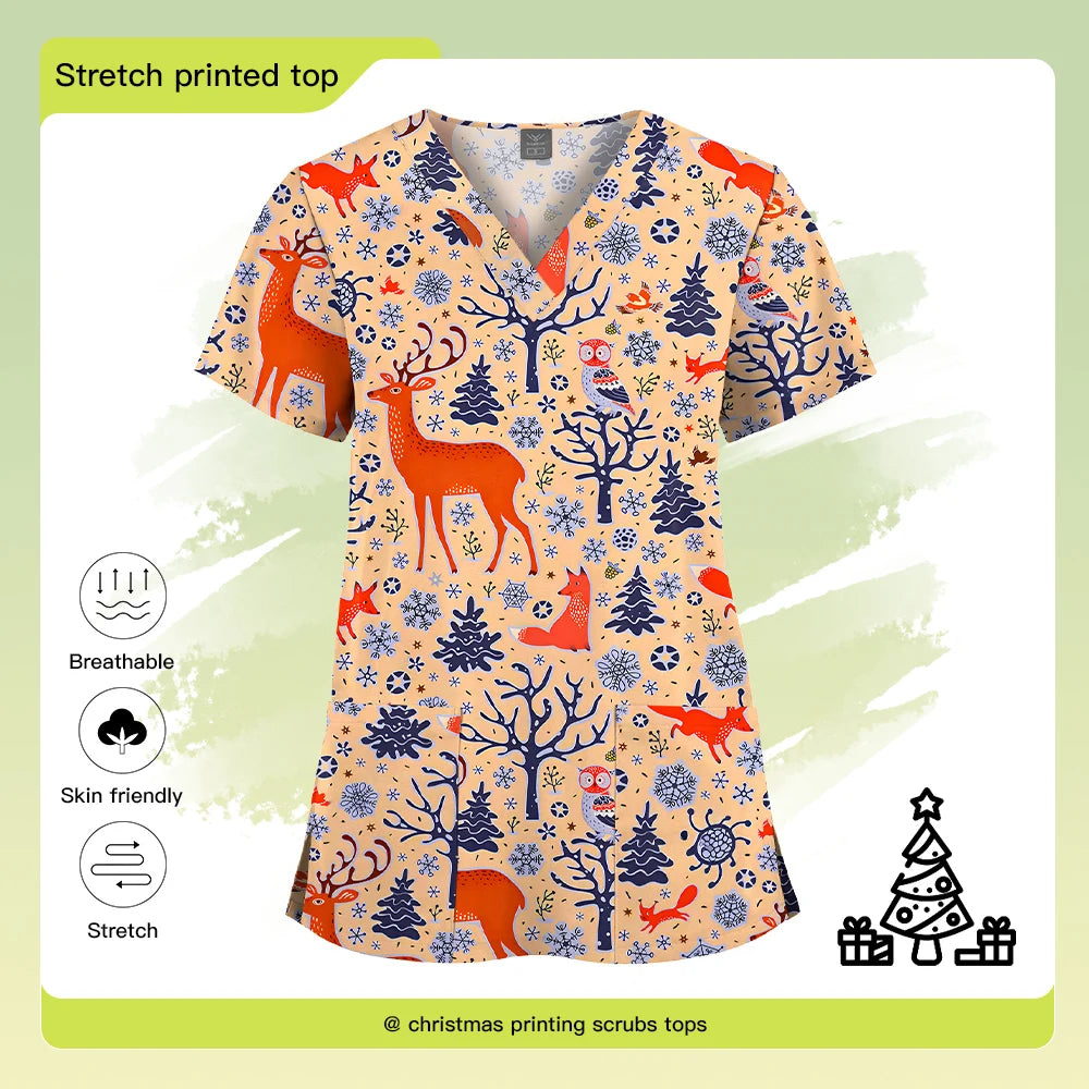 Christmas Print Scrubs Tops Women Short Sleeve V-neck Blouse Nurse Uniforms T-Shirt Medical Working Uniform Veterinary Workwear