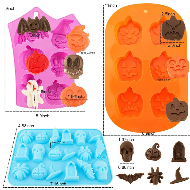 Pumpkin Silicone Halloween Cake Chocolate Mould Silicone with Ghost Pumpkin Bat & Witch Hat Cookie Mold for Ice Cube Baking Mold