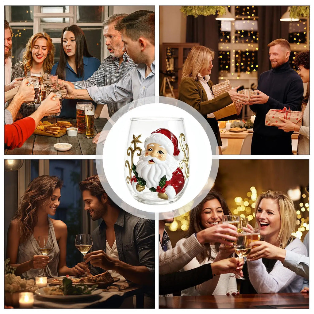 Wine Glasses Shiny Lead-Proof Seasonal Decoration Christmas 3D Santa Drink Glass for Tea Juice Cocktail Water Soda Beer Milk