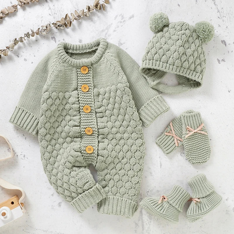 Newborn Baby Romper Shoes Gloves Set Knit Girl Boy Jumpsuit Boot Mitten Solid Toddler Infant Long Sleeve Clothing 4PC Fall 0-18M