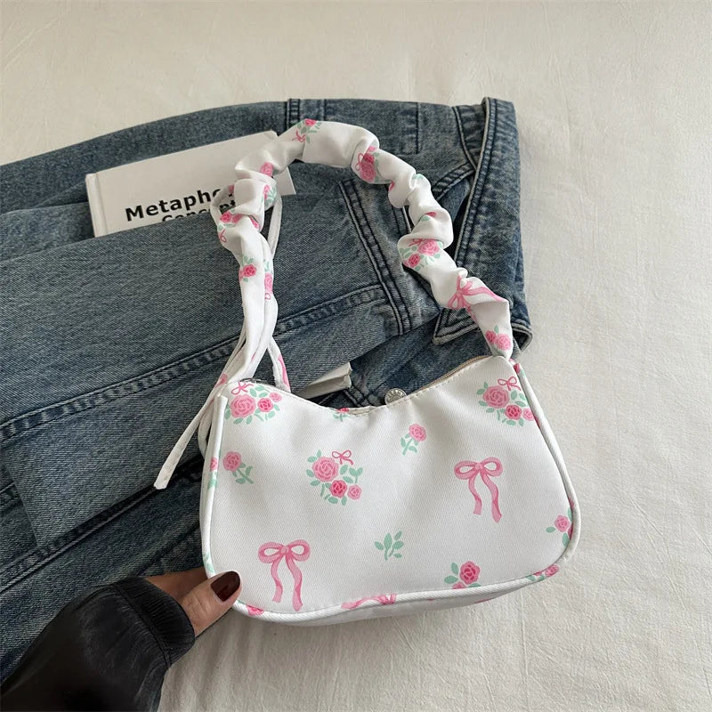 Women's Bags 2025 Summer Nylon Pleated Handbags Armpit Bag Korean Floral Bow Printed Zipper Tote Bag Female Small Shoulder Bags