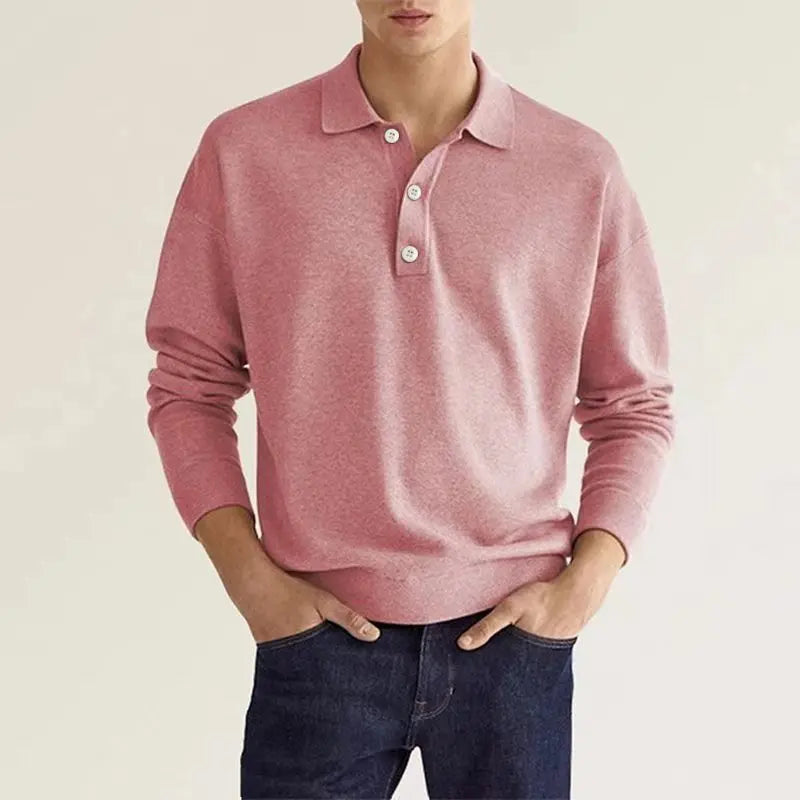 Men Long Sleeve Polo Shirt V Neck Button Up Casual Autumn Basic Solid Color Knitwear Tops For Men