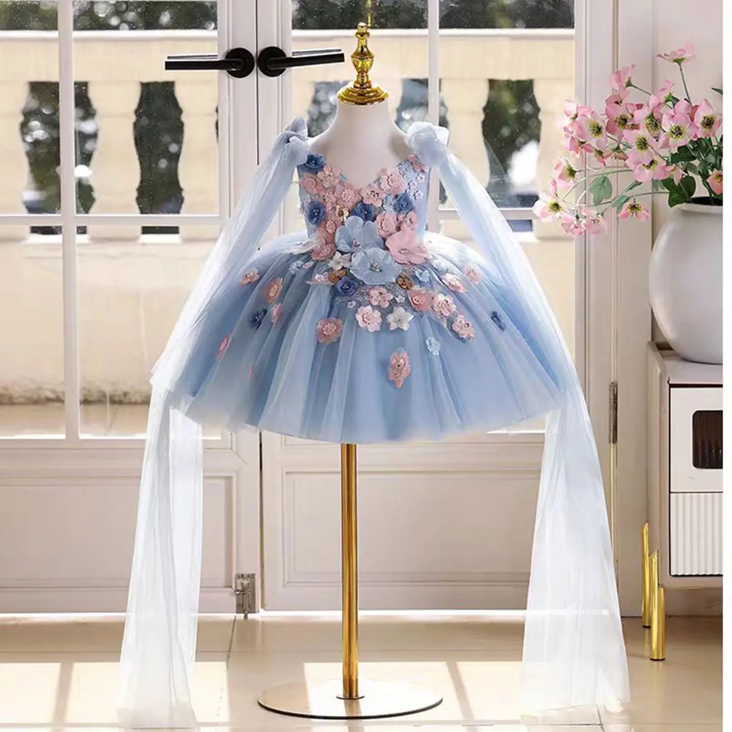 Jill Wish J535 Floral Pink Flower Girl Dress with Cap Flowers Princess Toddler Kids Wedding 1st Birthday Pageant Party Ball Gown