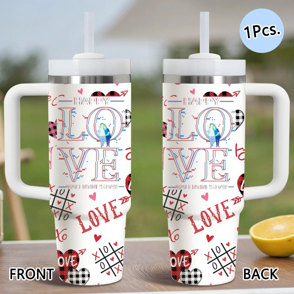 Happy Love Valentine's Day Vacuum Flasks 40oz Stainless Steel Vacuum Insulated Tumbler with Straw Leak Resistant Travel Mug