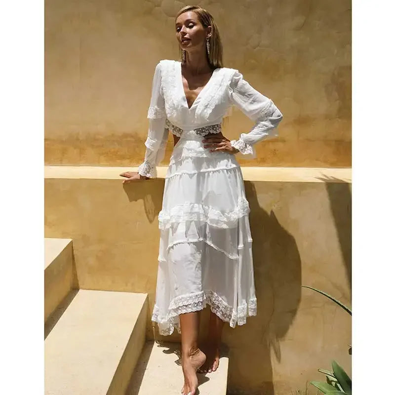 Super Chic White Sexy hollow out dress women backless lace up embroidery party dress dress summer beach holiday dresses