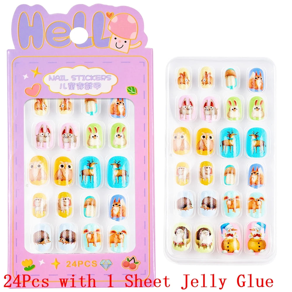 Children Press on Nails,24 Pcs Fake Nails Tips for Kids Acrylic Nails Pre-glue Full Cover Short False Nails Cute Fingernails