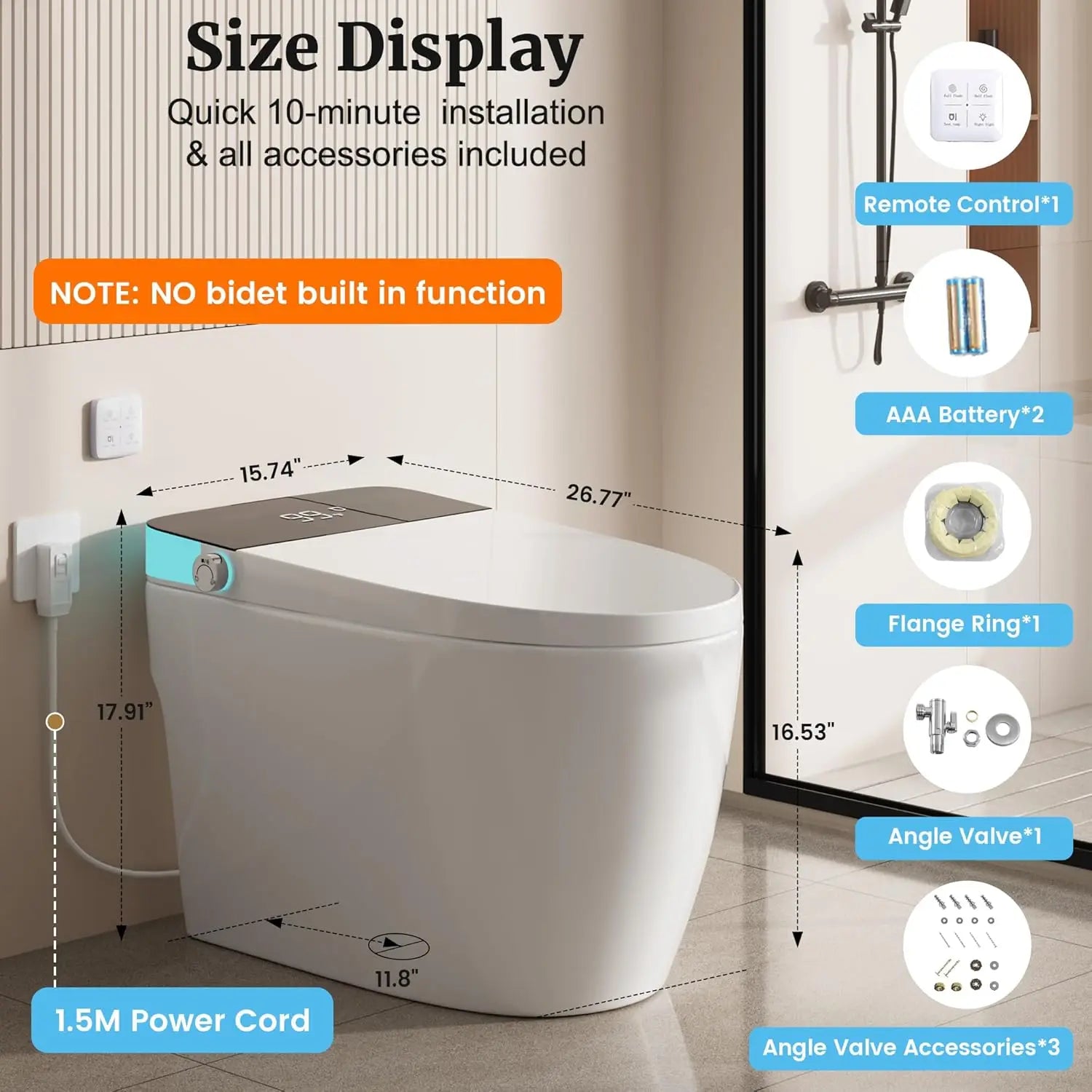 Smart Toilet with Elongated Heated Seat, Auto Flush, Manual Soft-Close Seat & Lid, Night Light, Electric Tankless,Customized